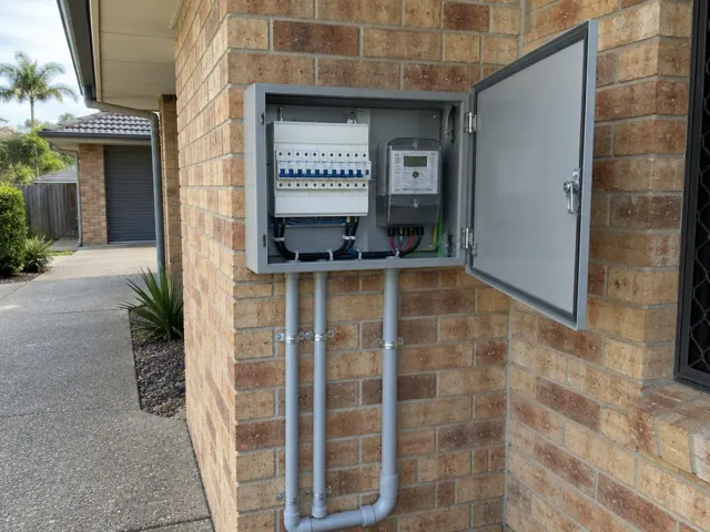 Exterior electrical switchboard and meter box on a brick house wall with conduit in Coomera